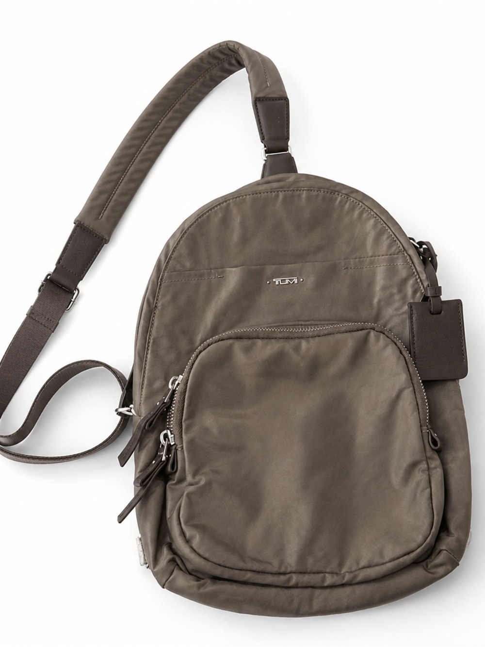 Tumi Taupe Women's Sling Backpack with Dark Brown Accents
